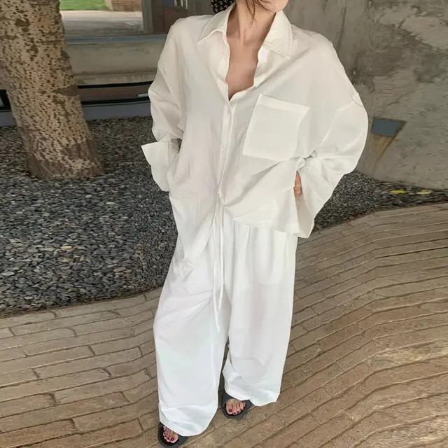 Elegant Polo Collar Shirt Top Loose Feeling Suit Female Autumn Leisure Wide leg Pants White Set - Shop at LoveMi