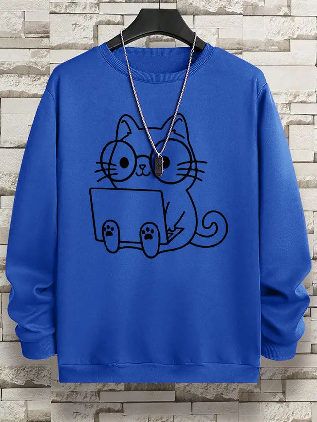 Gentleman Cat At Work Printed Men's Sweatshirt Hip Hop Loose Blue - Shop at LoveMi