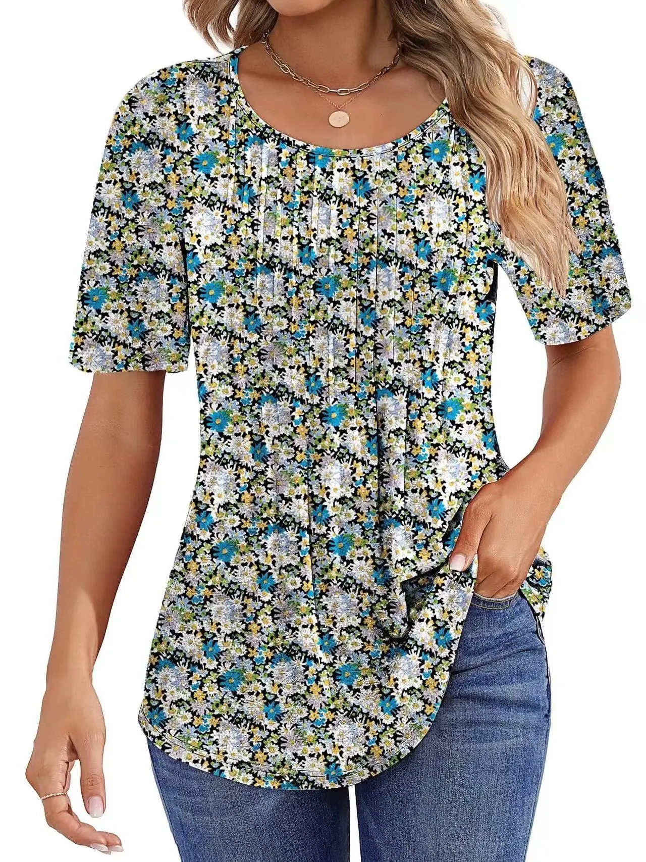 Round Neck Pleated Printed T-shirt - Gray Blue