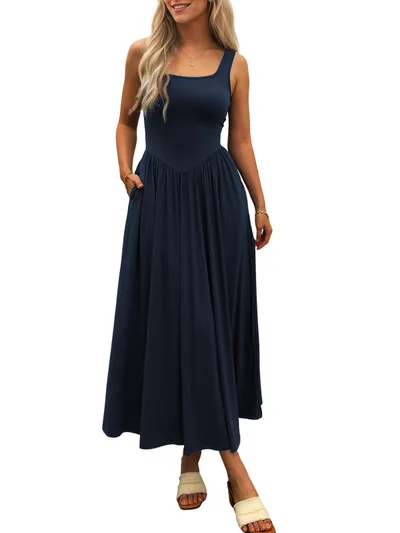 European And American New Graceful And Fashionable Sling Square Collar Pleated Dress Women Navy Blue - Shop at LoveMi
