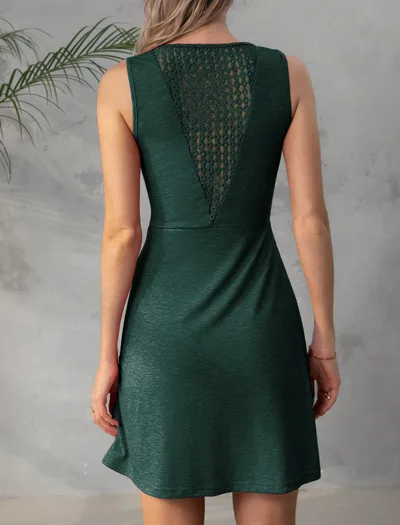 Sleeveless V neck Design Chest Kinked Pleated Waist Tight Dress Back Lace Green - Shop at LoveMi