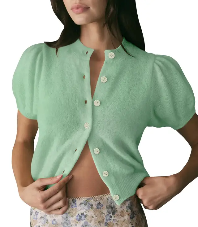 Women's Bubble Short Sleeved Cardigan Sweater Light Green - Shop at LoveMi