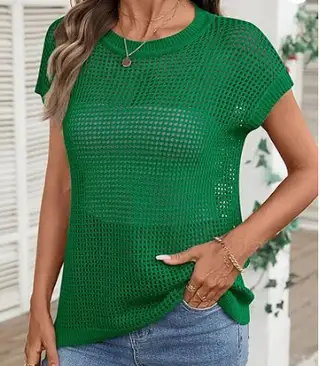 Women's Summer Top Crochet Cap Sleeves - Green