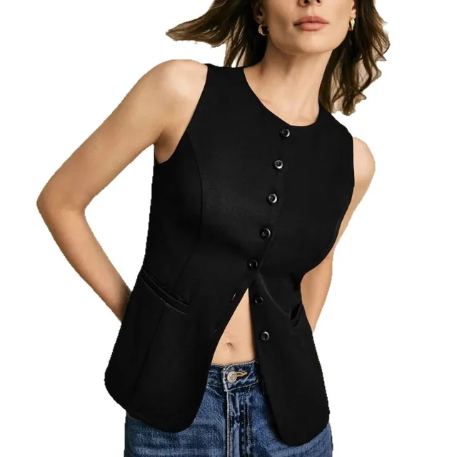 European And American Commuters' Simple Fashion Button Solid Color Vest Black - Shop at LoveMi