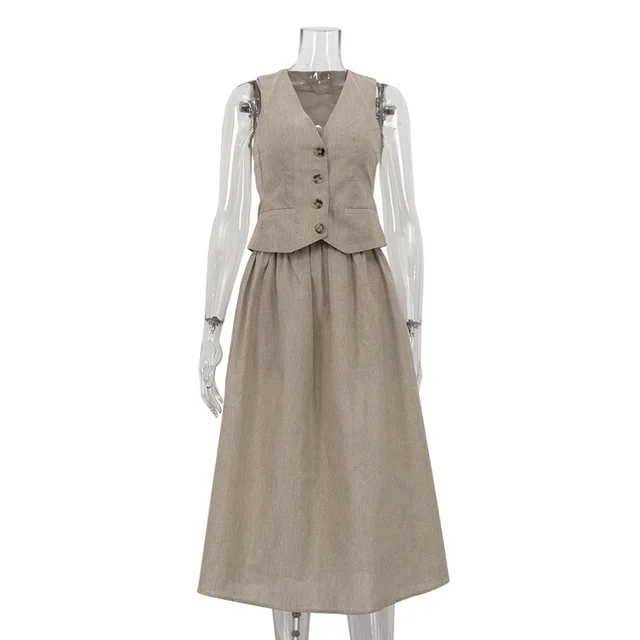 Cotton Sleeveless Top Camisole Skirt Three piece Set Khaki - Shop at LoveMi