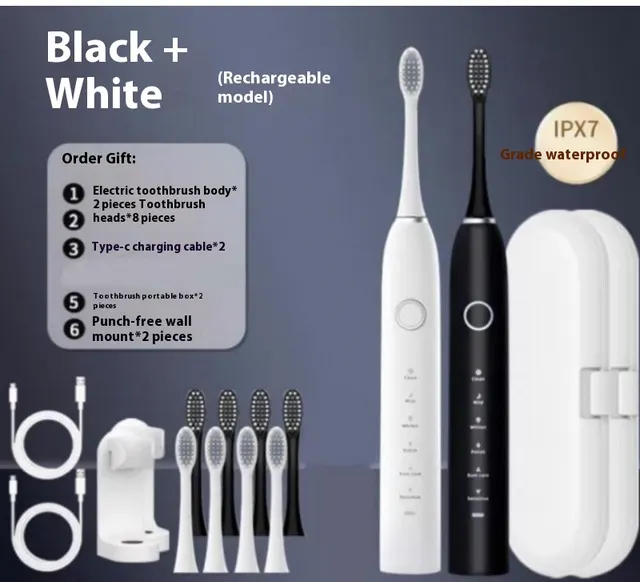 Electric Toothbrush Rechargeable Automatic 2 Pack Black And White A8 - Shop at LoveMi