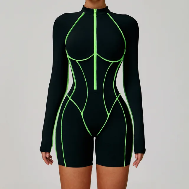 Tight Workout Clothes High strength Sports Jumpsuit 9318 Green Line Black - Shop at LoveMi
