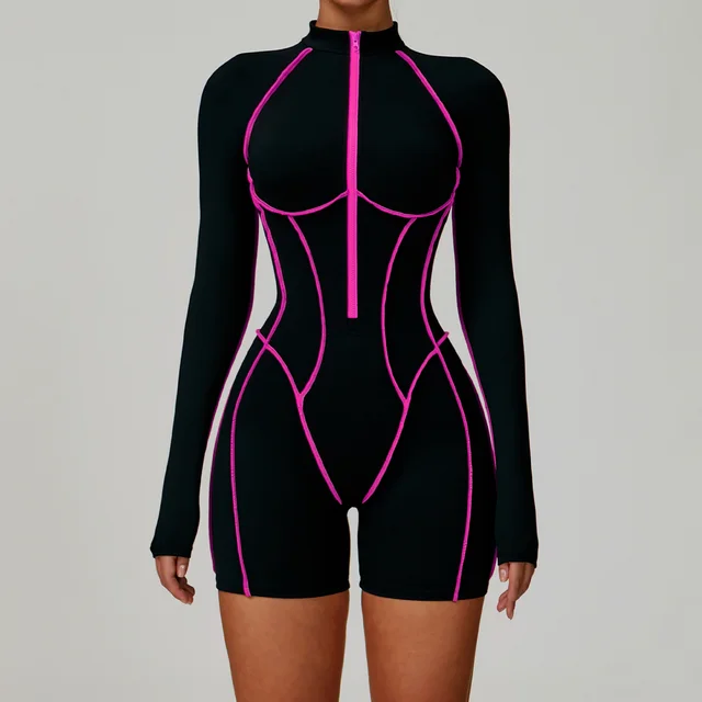 Tight Workout Clothes High strength Sports Jumpsuit 9318 Pink Thread Black - Shop at LoveMi
