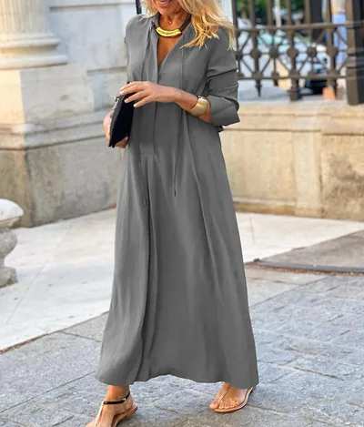 Women's Solid Color And V neck Long Sleeve Simple Casual Dress Gray - Shop at LoveMi