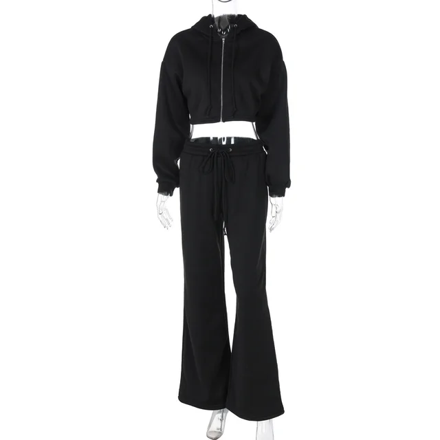 European And American Fashion Zipper Hooded Midriff baring Top Slim Casual Trousers Suit Black - Shop at LoveMi