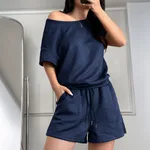 Y2g Sports Style Solid Color Short Sleeve Lace-up Shorts Suit Women's Clothing - Navy