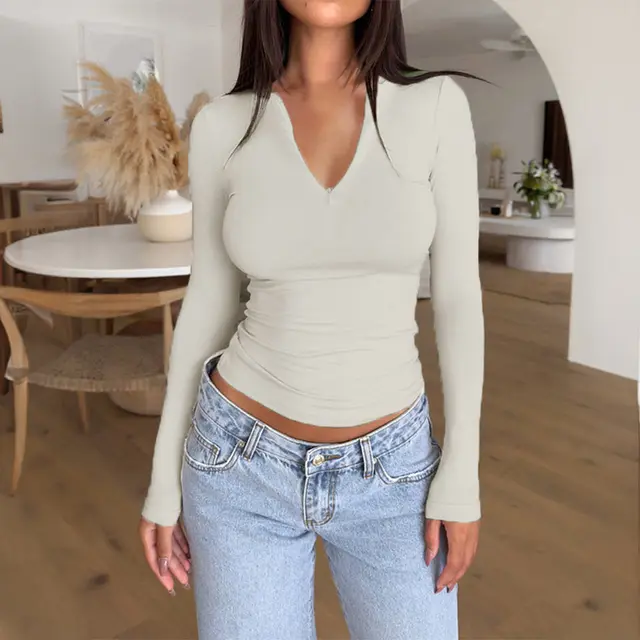Long Sleeve Zipper V neck Base Bm Top Beige Apricot - Shop at LoveMi