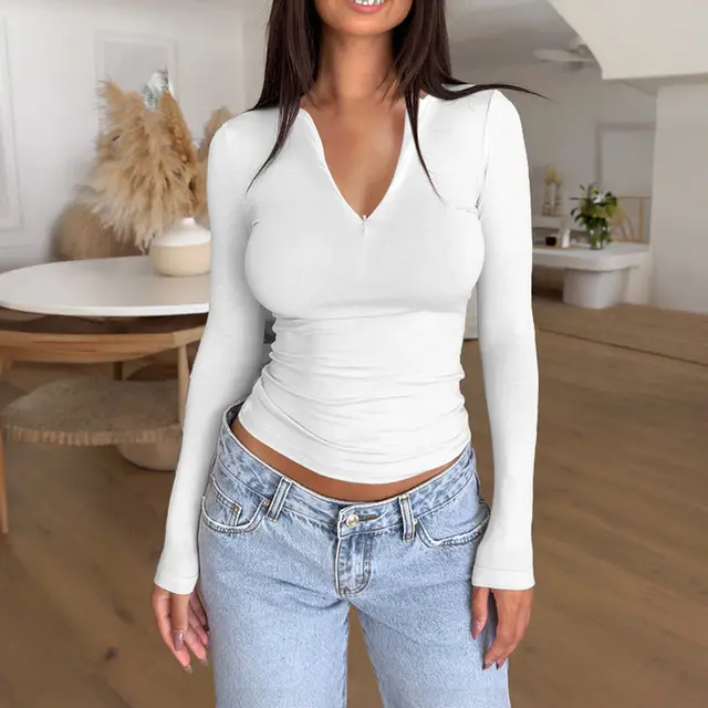 Long Sleeve Zipper V neck Base Bm Top White - Shop at LoveMi