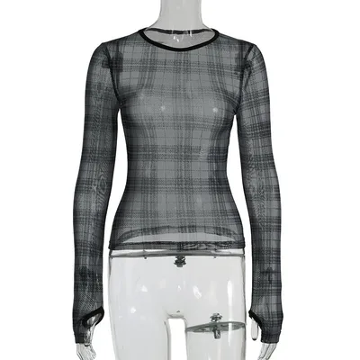 Commuting Elegant Contrast Color Design Plaid Pullover Slightly Transparent Thumb Hole Mesh Top Gray - Shop at LoveMi