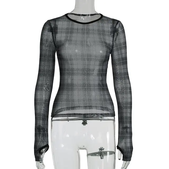 Commuting Elegant Contrast Color Design Plaid Pullover Slightly Transparent Thumb Hole Mesh Top - Gray