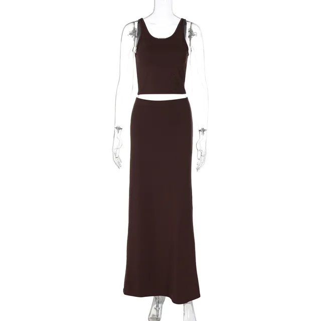 Solid Color Vest Slim Pleated Skirt Suit Brown - Shop at LoveMi