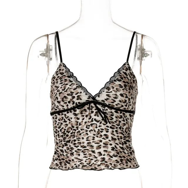 V neck Leopard Pattern Crop top Spaghetti strap Small Tank Top Top Leopard Print - Shop at LoveMi