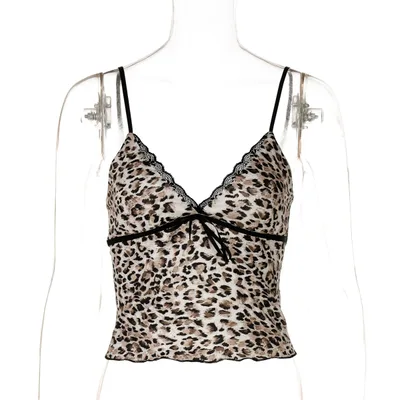 V neck Leopard Pattern Crop top Spaghetti strap Small Tank Top Top Tan - Shop at LoveMi