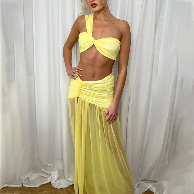 Mesh One shoulder Top Two piece Set Sexy Slit Pleated Dress Suit Yellow - Shop at LoveMi