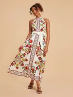 Women's Floral Print Lace-up Sleeveless Mid-length Dress - Color