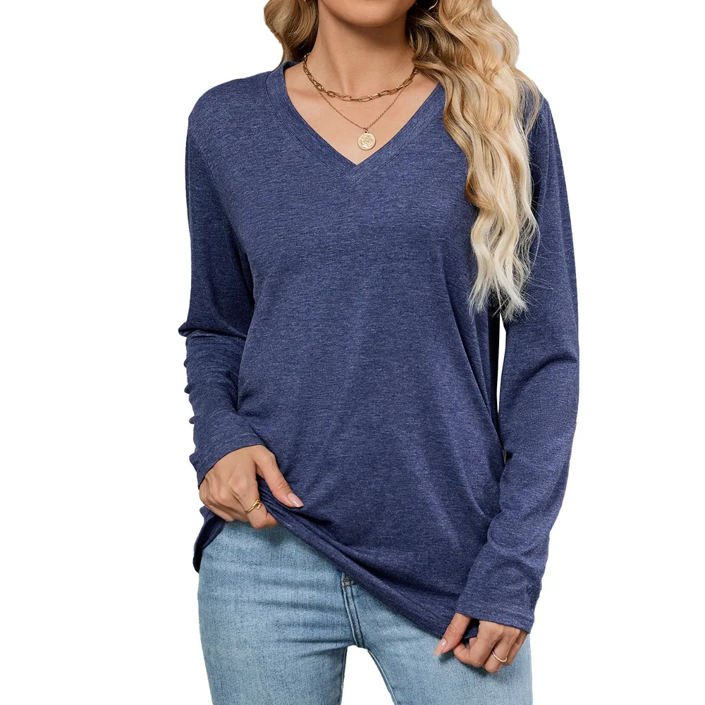 Leisure Pullover V neck Solid Color Loose Long Sleeves T shirt Top Navy - Shop at LoveMi