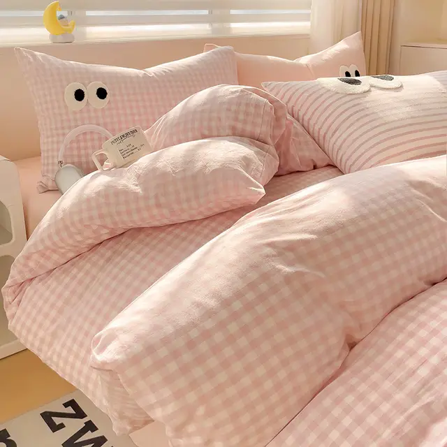 Big Eyes Four piece Bedding Set Sanding Duvet Cover Bedding Suit Pink Plaid Blype - Shop at LoveMi