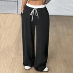 Straight Casual Pants Loose Elastic Waist Mop Trousers - Black