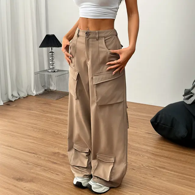 Women's Loose Casual Wide leg Trousers Pocket Overalls Deep Beige - Shop at LoveMi