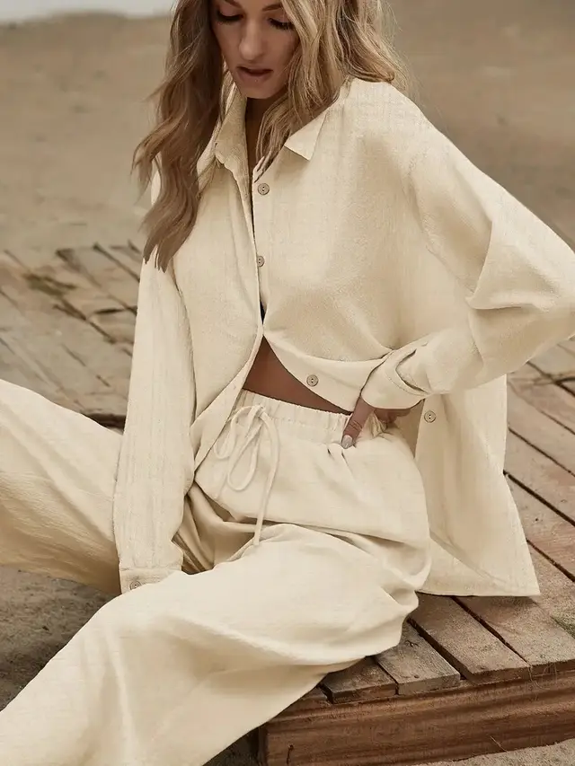 Women's Loose Shirt And Pants Set Beige - Shop at LoveMi