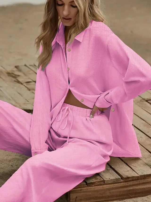 Women's Loose Shirt And Pants Set Pink - Shop at LoveMi