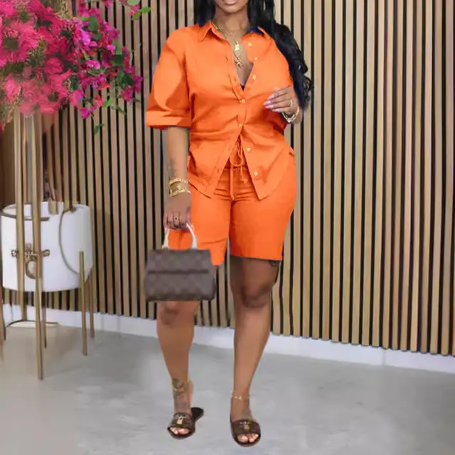 Fashion Solid Color Short Sleeve Shirt And Shorts Suit Orange - Shop at LoveMi