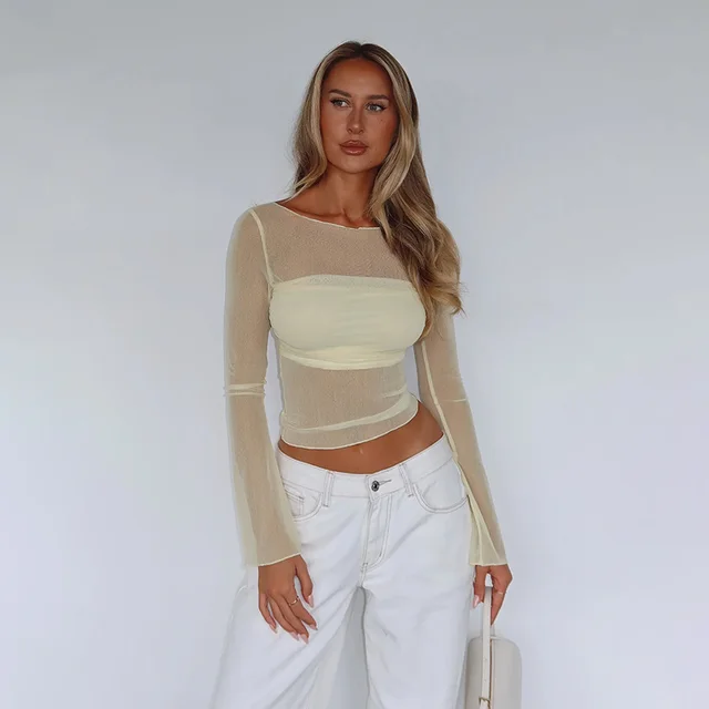 Summer Fashion Mesh Base Long Sleeve Sheer Top Yellow - Shop at LoveMi