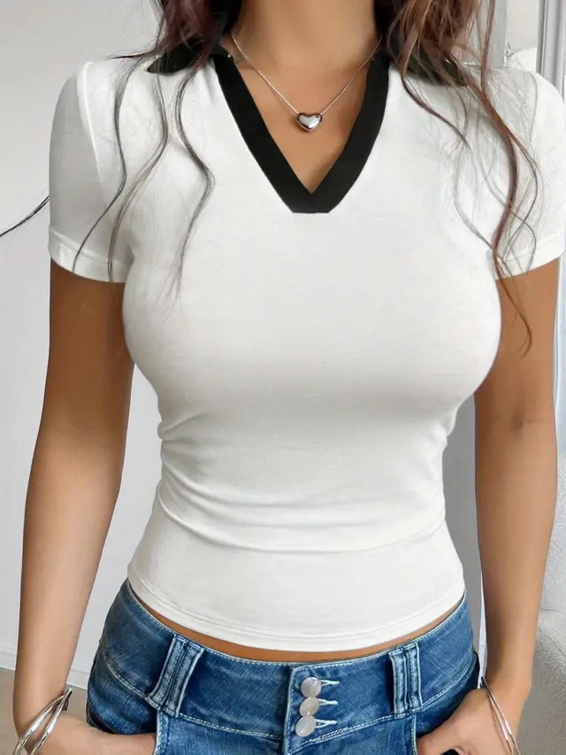 Women's Lapel Short sleeved T shirt White - Shop at LoveMi
