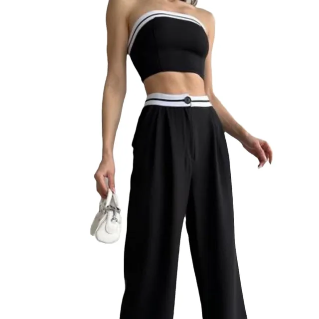 Women's Sports Vest Tube Top High Waist Wide Leg Pants Casual Suit Black - Shop at LoveMi