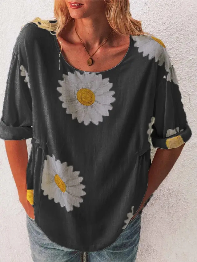 Mid sleeved Chrysanthemum Cotton And Linen Printed T shirt Women's Clothing Black - Shop at LoveMi