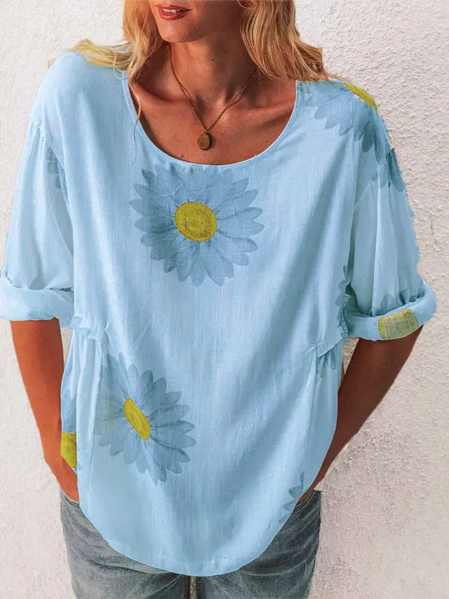 Mid sleeved Chrysanthemum Cotton And Linen Printed T shirt Women's Clothing Blue - Shop at LoveMi