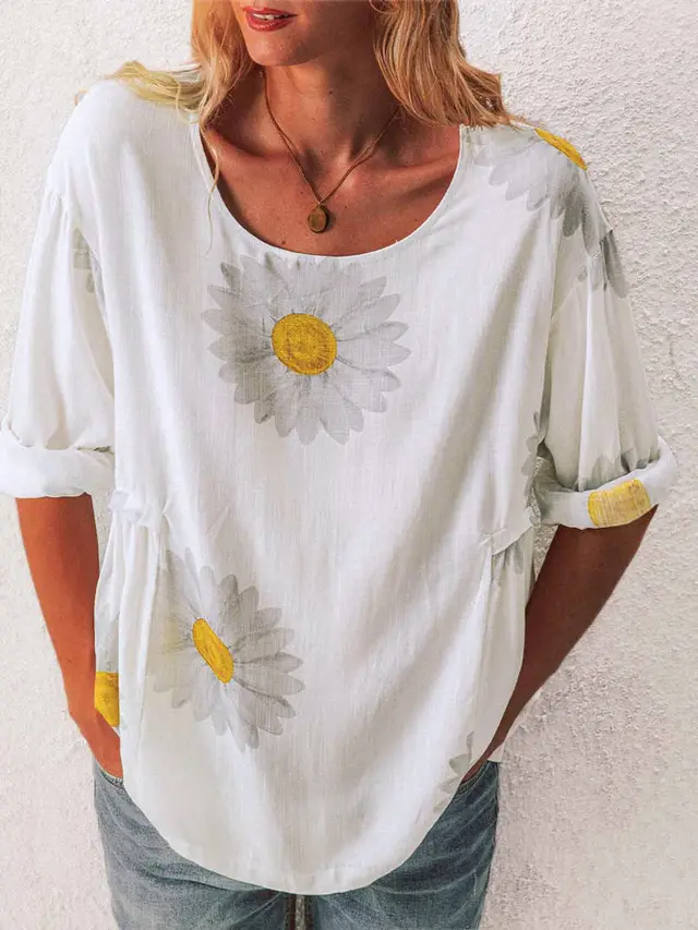 Mid sleeved Chrysanthemum Cotton And Linen Printed T shirt Women's Clothing White - Shop at LoveMi