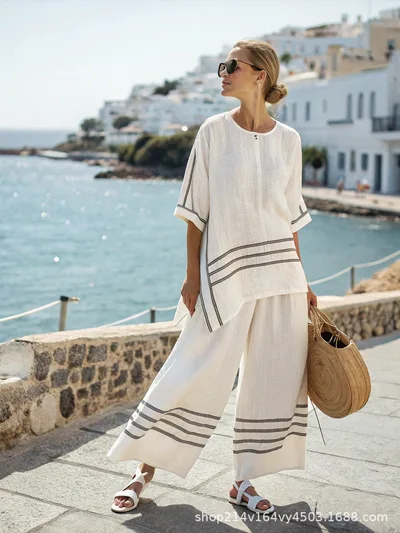 Summer Striped Suits Loose Batwing Sleeve T shirt And Solid Straight leg Pants C320C516 S - Shop at LoveMi