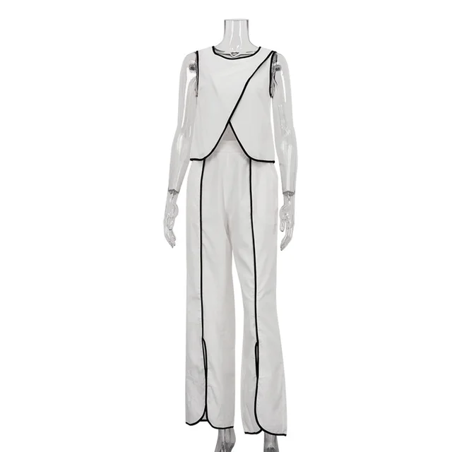 Cross Design Round Neck Sleeveless Top Split Trousers Two piece Set White - Shop at LoveMi