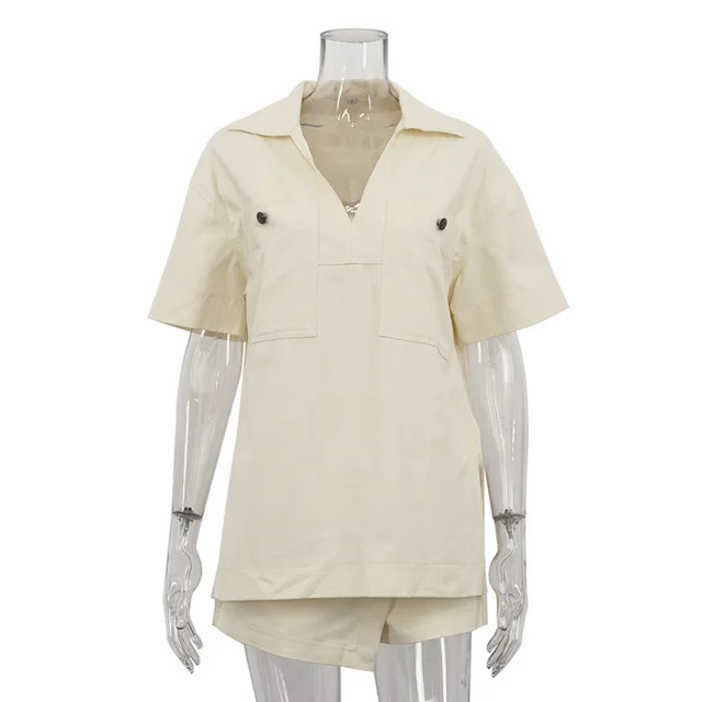 Lapel Short Sleeve Pocket Pullover Top High waisted Trousers Skirt Two piece Set Beige - Shop at LoveMi