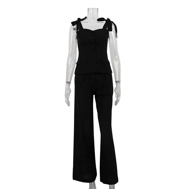 Black Bandeau Sling Top High Waist Wide Leg Pants Two piece Suit Black - Shop at LoveMi