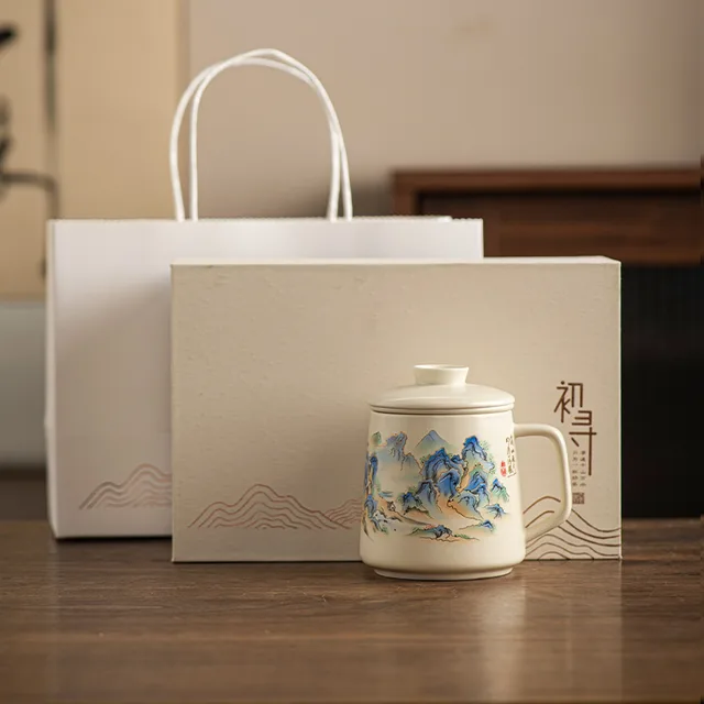 National Style Ceramic Cup Mug With Lid Tea Water Separation Junling Layer Gift Box - Shop at LoveMi