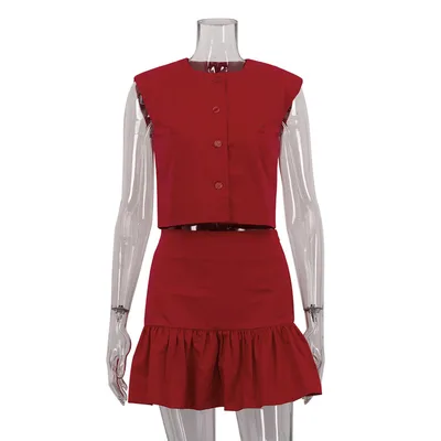 Sleeveless Shirt Vest Top Fishtail Skirt Two piece Set Red - Shop at LoveMi