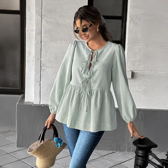 Elegant Striped Long Sleeve Tied T shirt Shirt Women's Clothing Pea Green - Shop at LoveMi