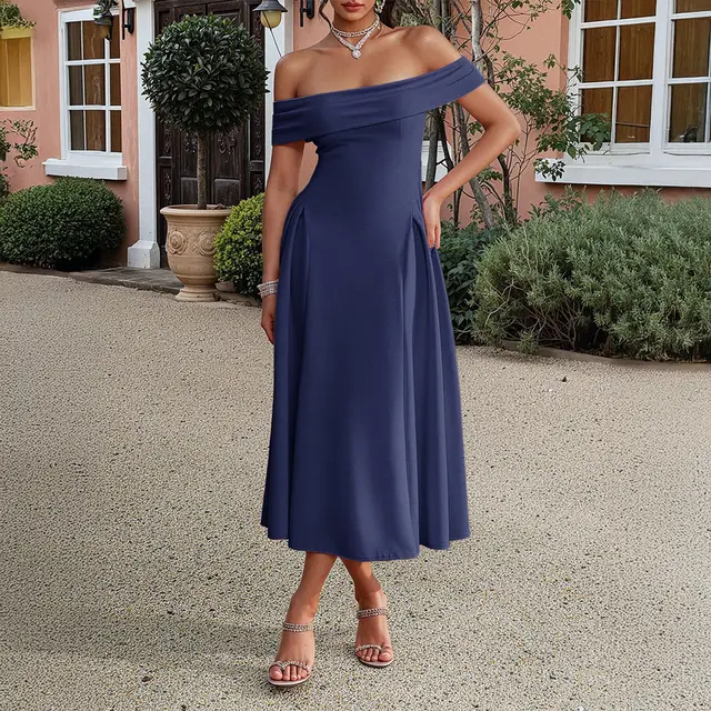 Elegant Tube Top Off shoulder Dress Dress Dark Blue - Shop at LoveMi