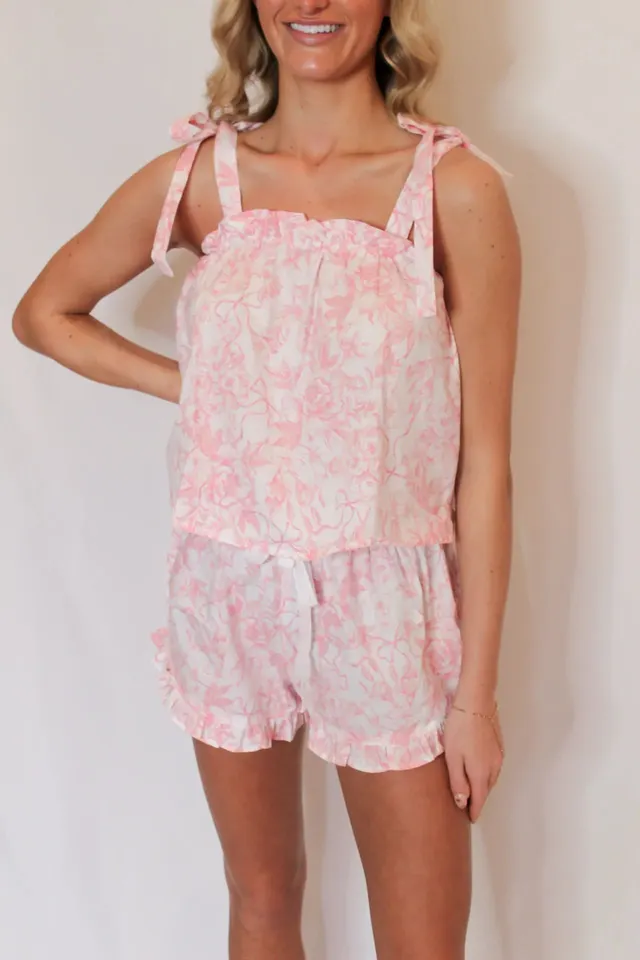 Summer Lace Ink Printing Lace up Top Short Suit Pink - Shop at LoveMi