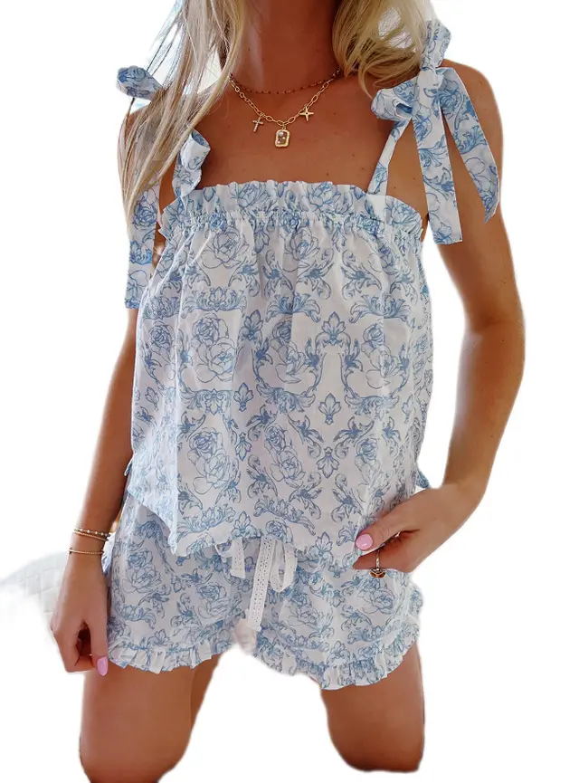 Summer Lace Ink Printing Lace up Top Short Suit Sky Blue - Shop at LoveMi