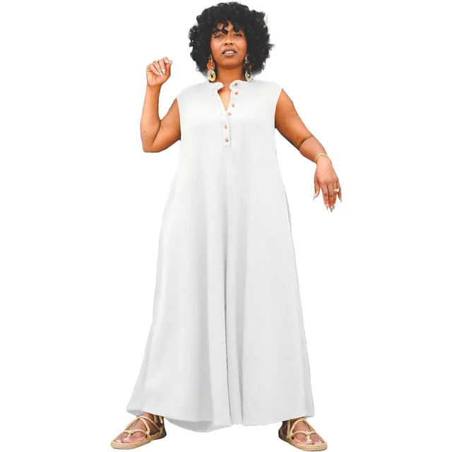 Women's Fashion Casual Button Jumpsuit Fat Woman Beige - Shop at LoveMi