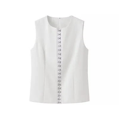 Round Neck Sleeveless Vest Fashion Casual Pants Suit White 1 - Shop at LoveMi