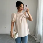 Simple Fashion Style Embroidered Sleeve Round Neck Blouse Women's Shirt - Khaki